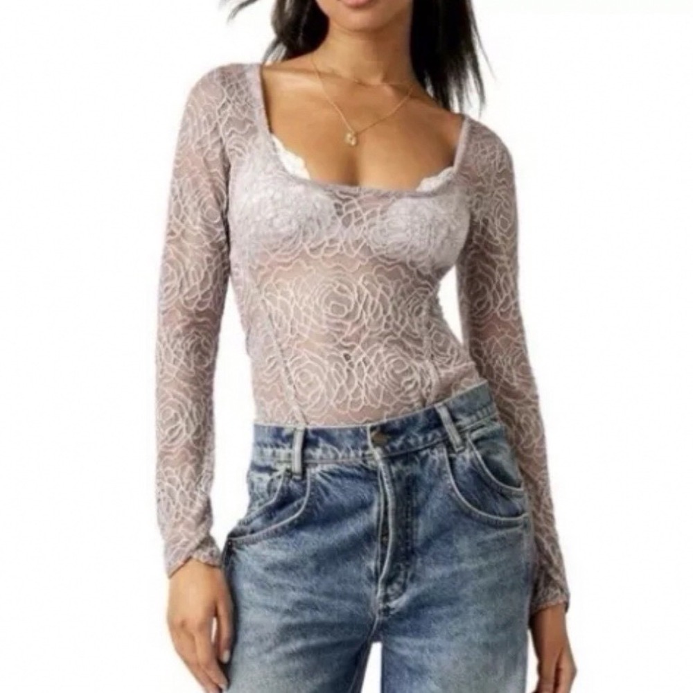 Intimately Free People XS Lavender Rose Lace Long Sleeve Bodysuit New With Tags